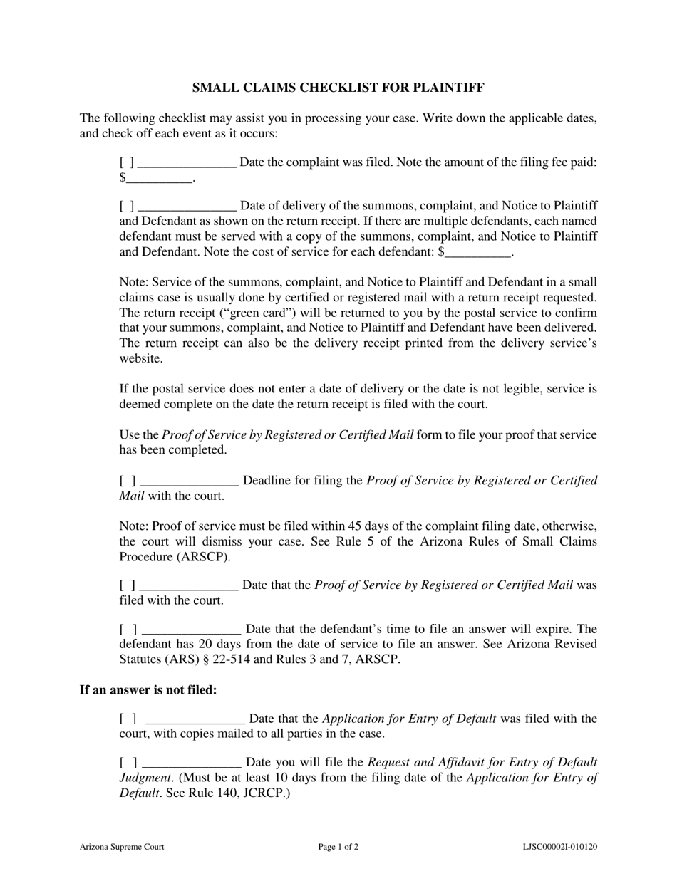 Form LJSC00002I Small Claims Checklist for Plaintiff - Arizona, Page 1