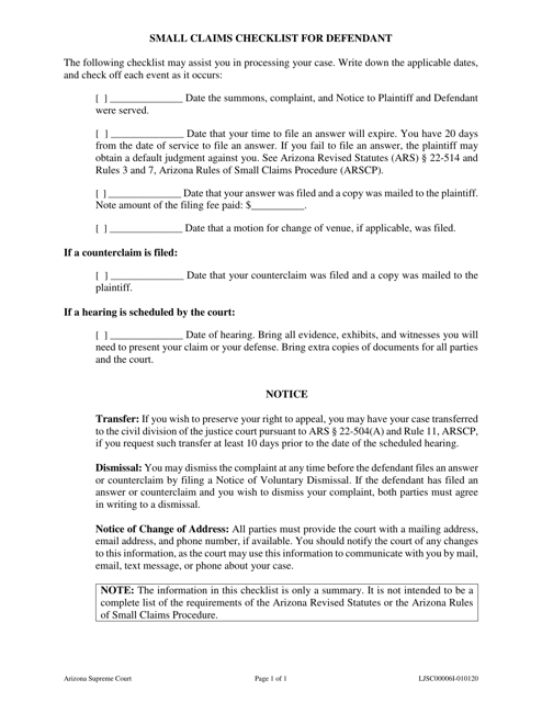 Form LJSC00006I Small Claims Checklist for Defendant - Arizona