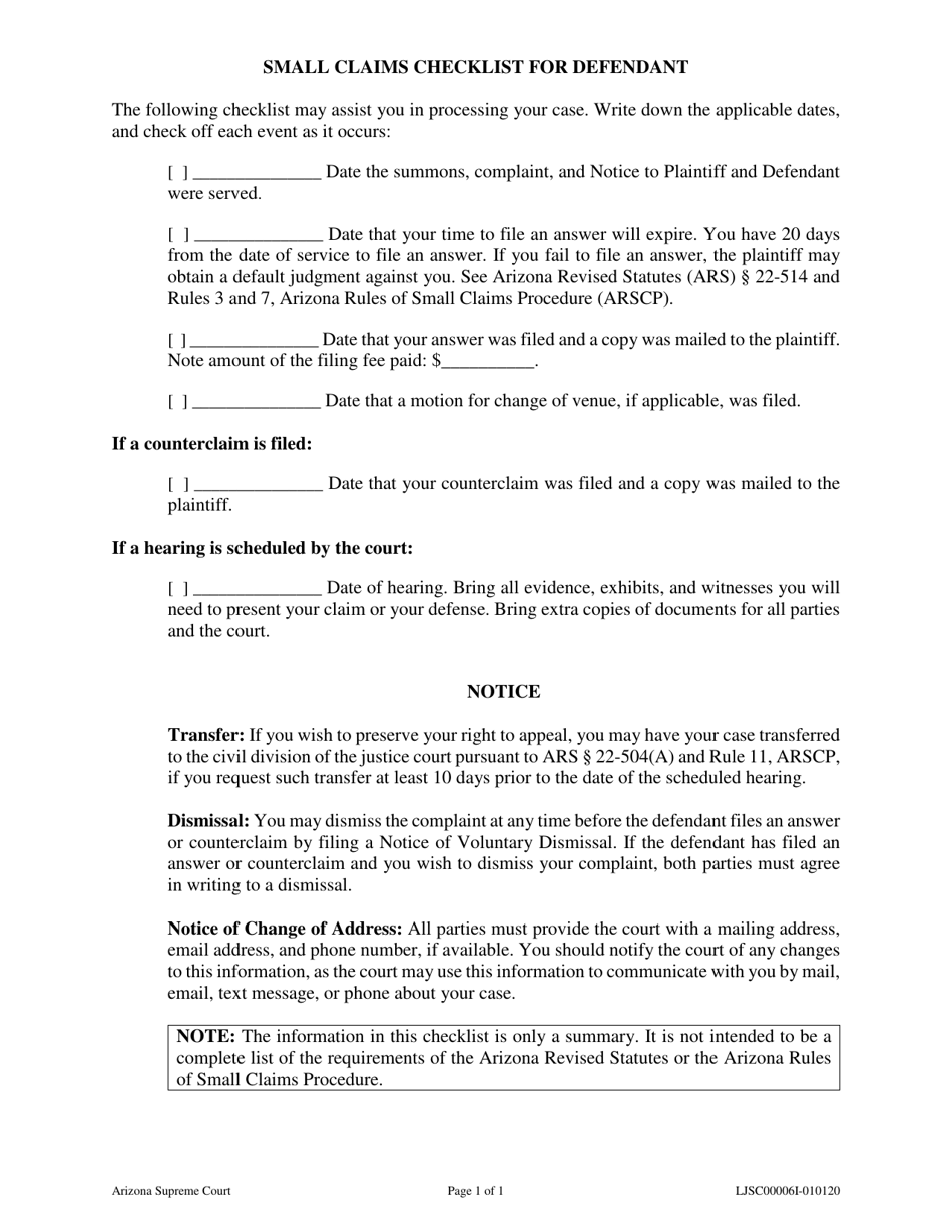 Form LJSC00006I Small Claims Checklist for Defendant - Arizona, Page 1