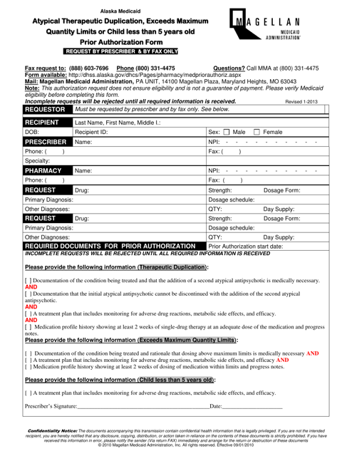 Atypical Therapeutic Duplication, Exceeds Maximum Quantity Limits or Child Less Than 5 Years Old Prior Authorization Form - Alaska Download Pdf
