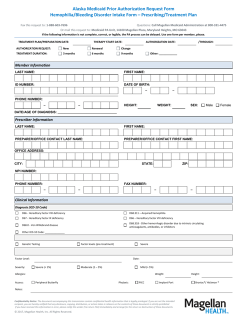 Alaska Medicaid Prior Authorization Request Form - Hemophilia/Bleeding Disorder Intake Form - Prescribing/Treatment Plan - Alaska