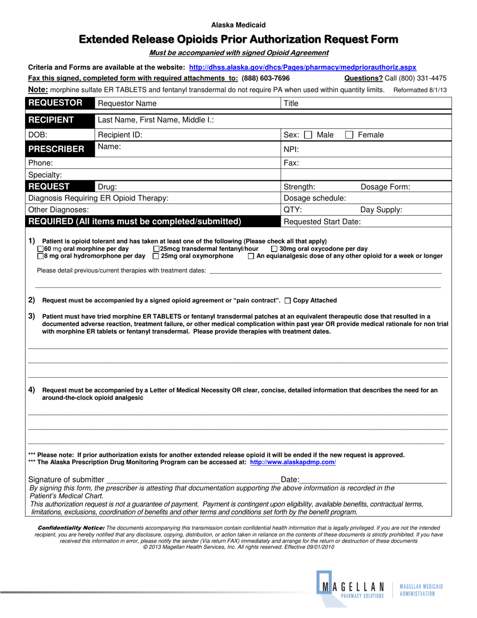Extended Release Opioids Prior Authorization Request Form - Alaska, Page 1