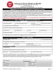 Document preview: Application for Covid-19 Emergency Temporary License - Arkansas