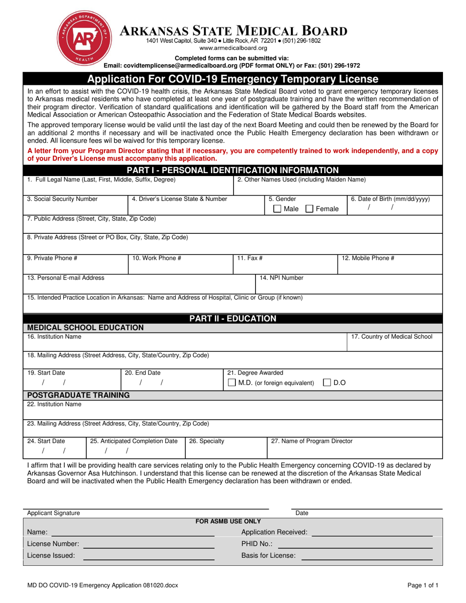 Application for Covid-19 Emergency Temporary License - Arkansas, Page 1
