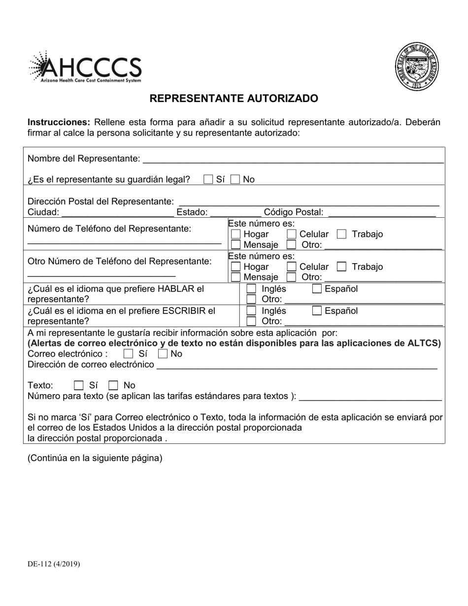 Formulario DE-112 Representante Autorizado - Arizona (Spanish), Page 1