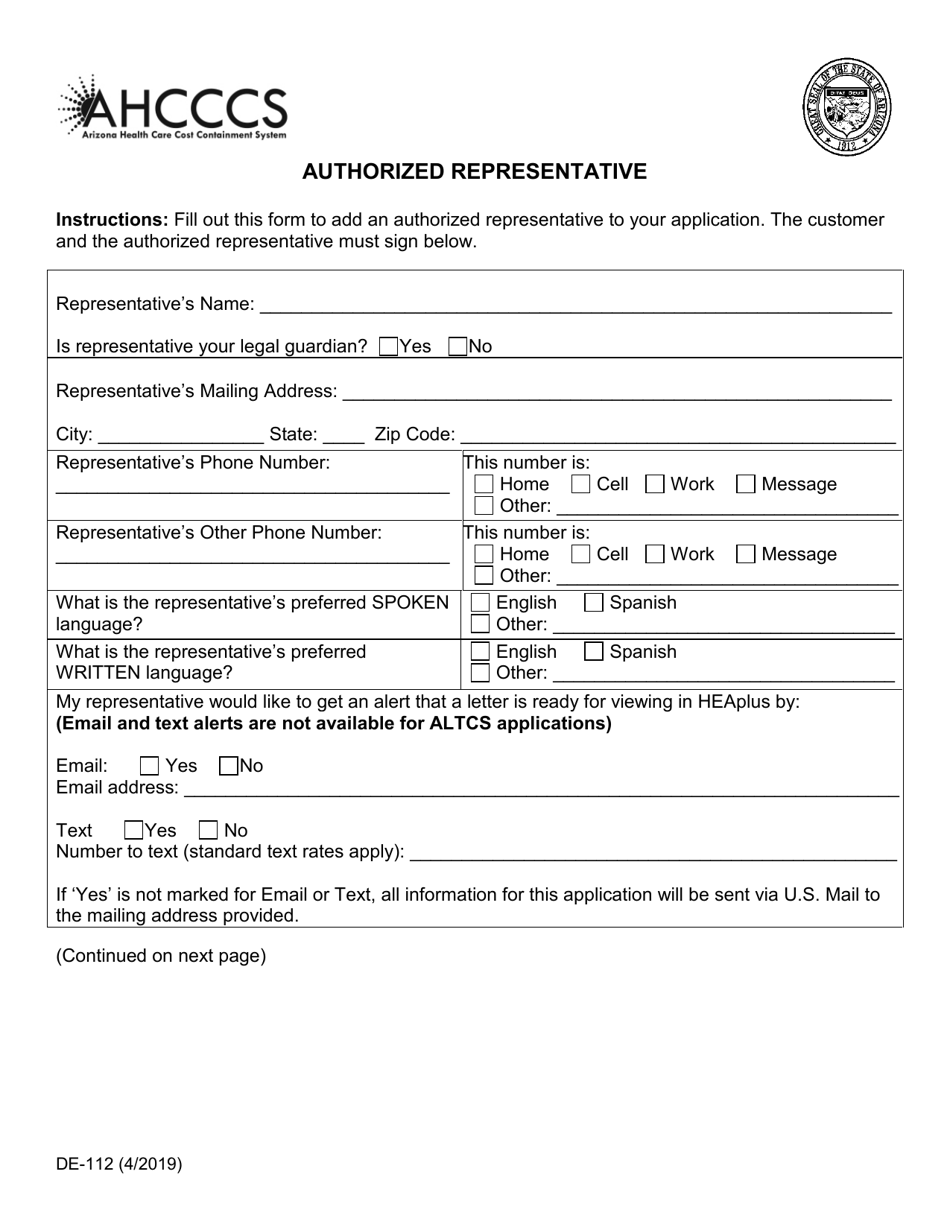 Form DE-112 Authorized Representative - Arizona, Page 1