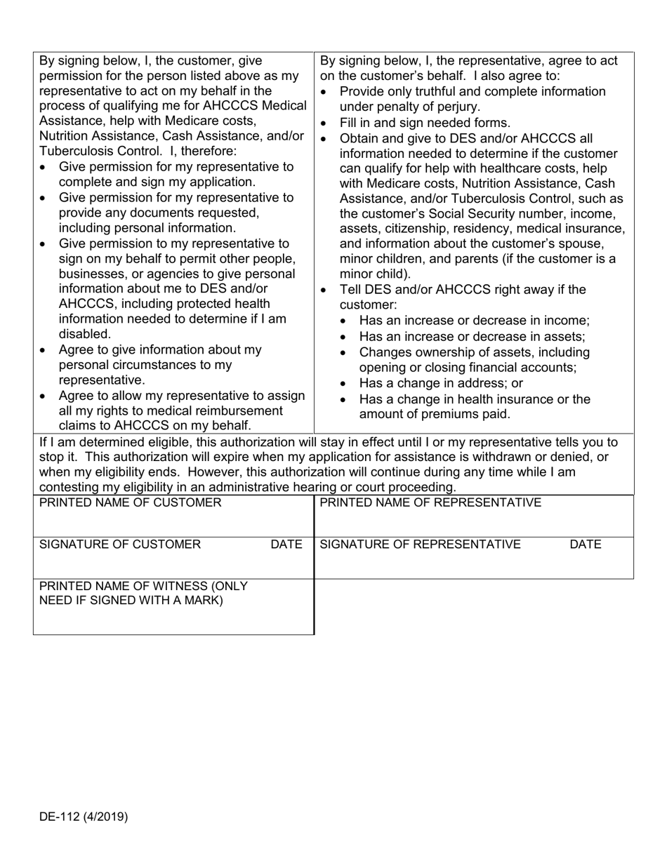 Form DE-112 Authorized Representative - Arizona, Page 2