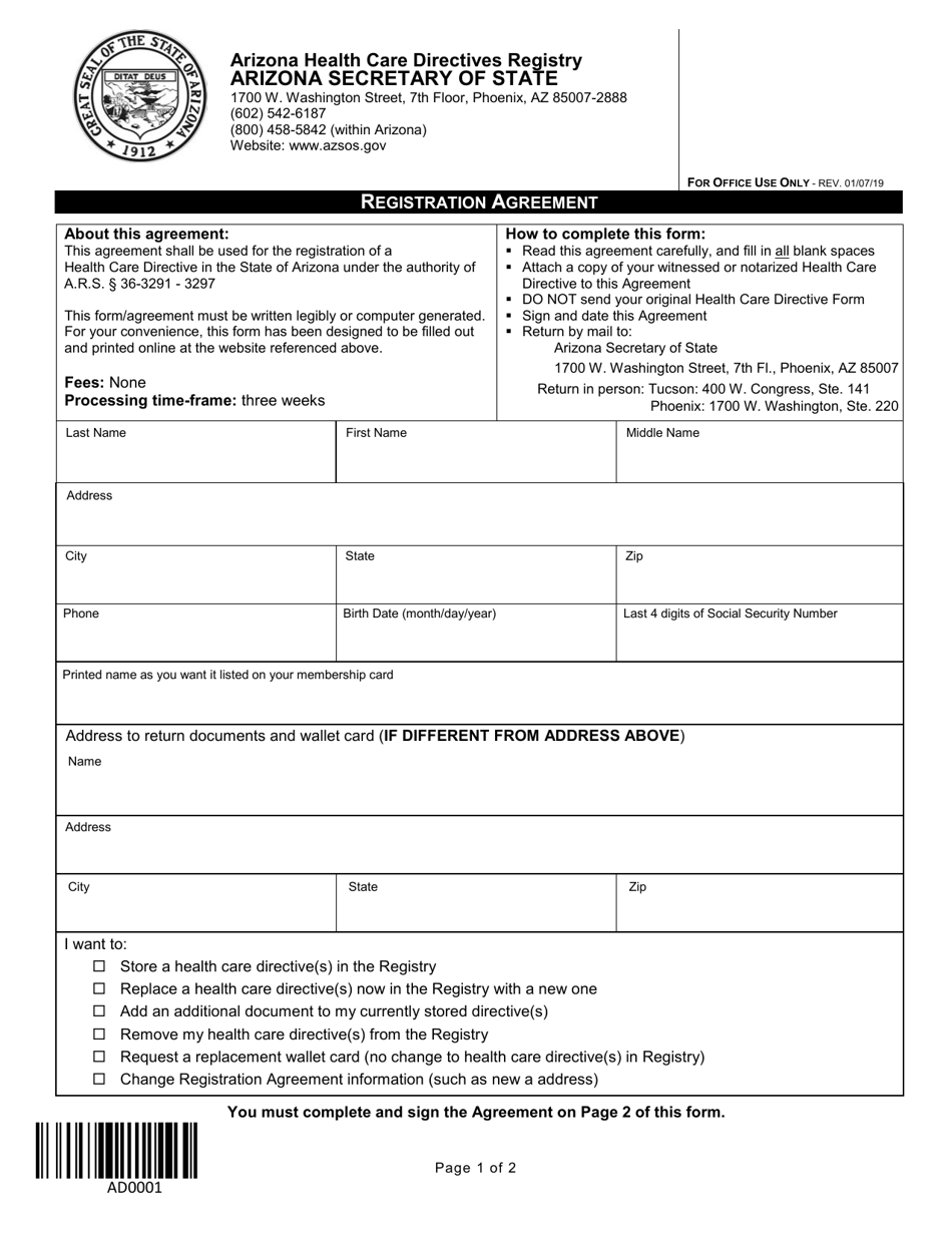 Registration Agreement - Arizona, Page 1