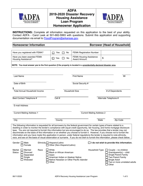 Disaster Recovery Housing Assistance Loan Program Homeowner Application - Arkansas Download Pdf