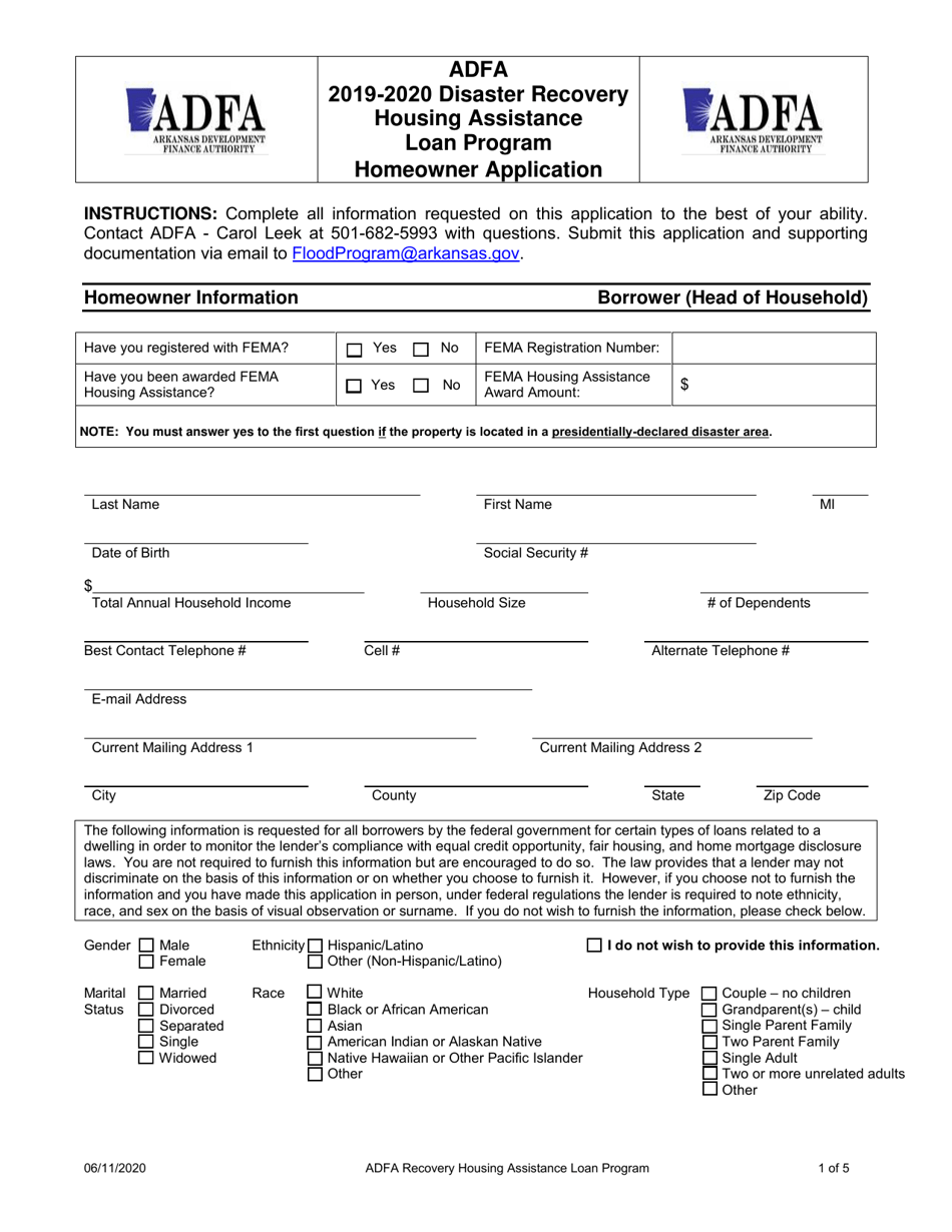 Disaster Recovery Housing Assistance Loan Program Homeowner Application - Arkansas, Page 1