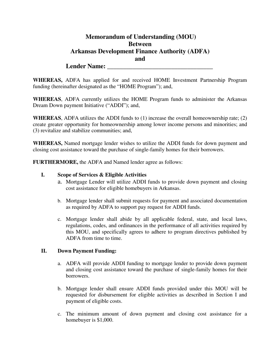 Memorandum of Understanding (Mou) Between Arkansas Development Finance Authority (Adfa) and Lender - Arkansas, Page 1