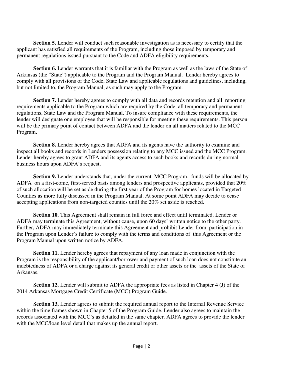 Mortgage Credit Certificate (Mcc) Program Lender Participation Agreement - Arkansas, Page 2