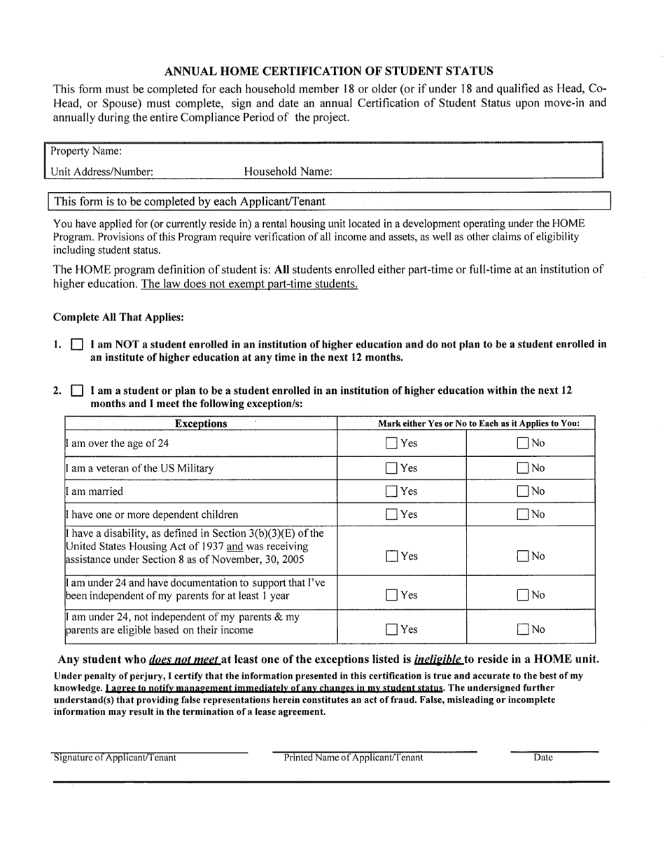 Annual Home Certification of Students Status - Arkansas, Page 1