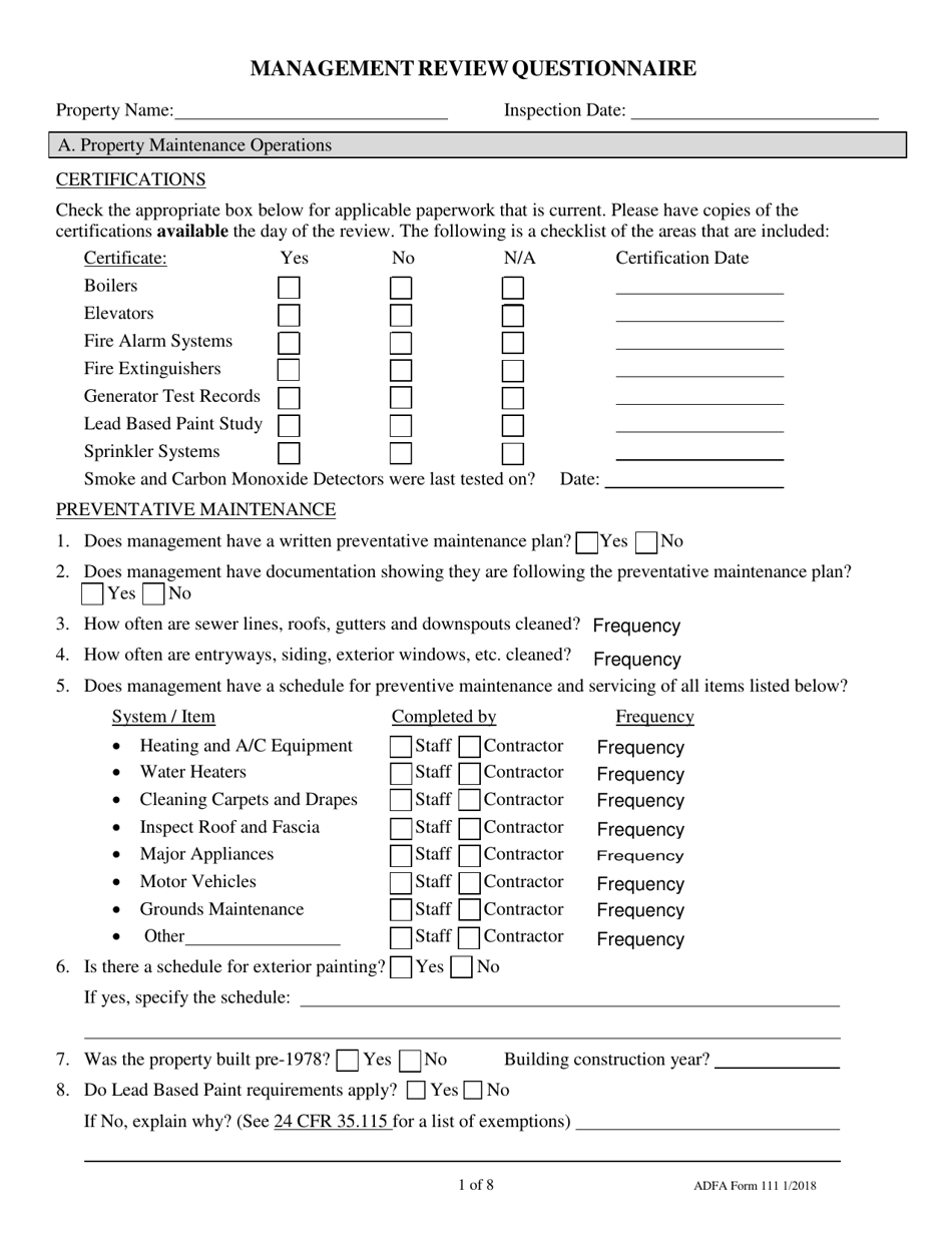 ADFA Form 111 Management Review Questionnaire - Arkansas, Page 1