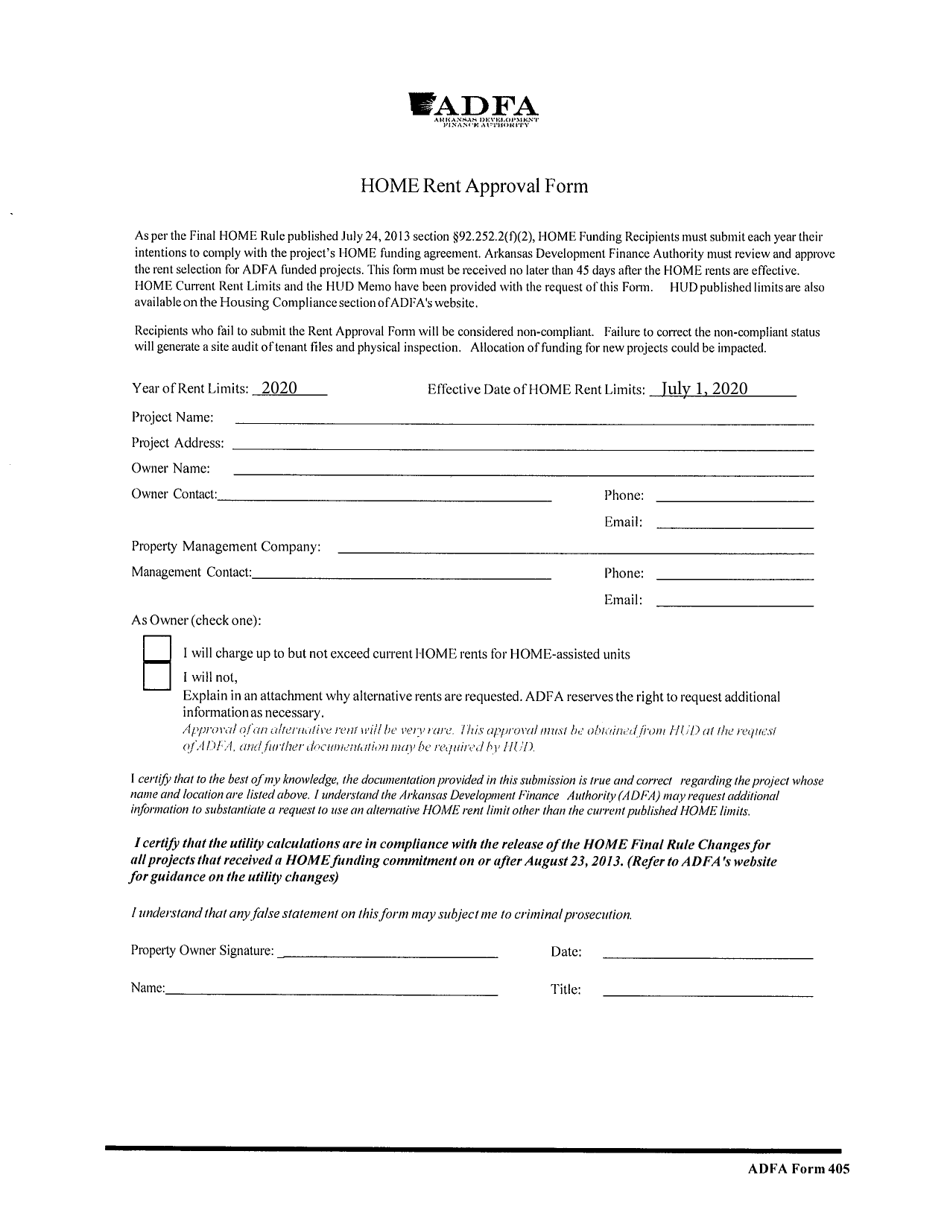 ADFA Form 405 Home Rent Approval Form - Arkansas, Page 1