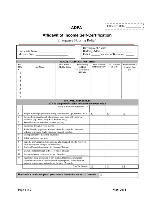 Affidavit of Income Self-certification - Emergency Housing Relief - Arkansas