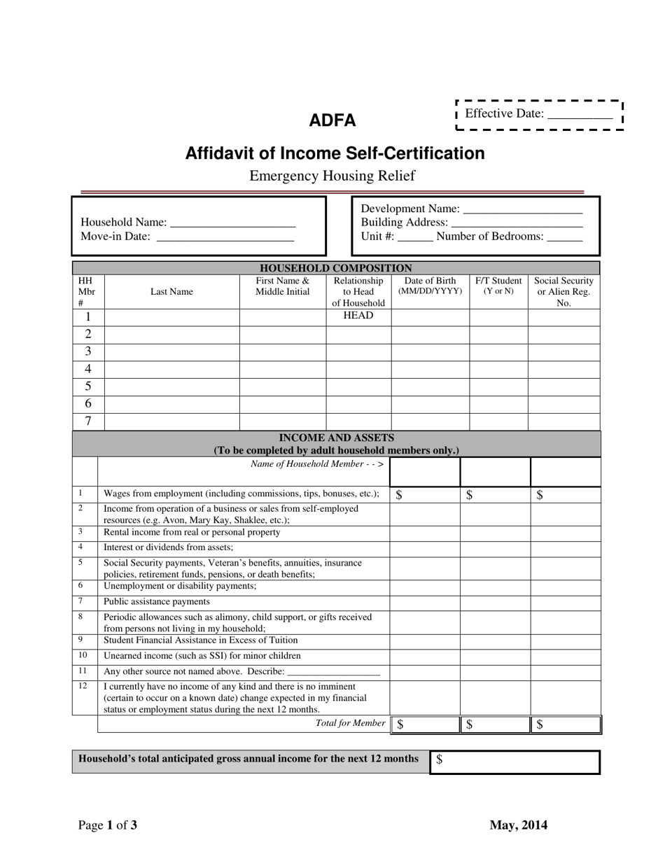 Affidavit of Income Self-certification - Emergency Housing Relief - Arkansas, Page 1