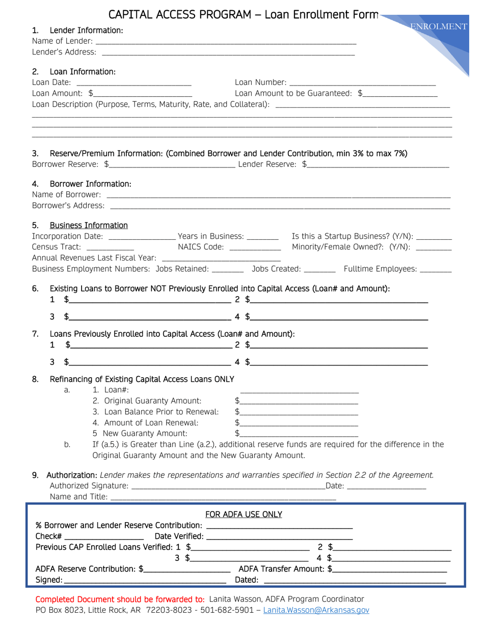 Capital Access Program - Loan Enrollment Form - Arkansas, Page 1