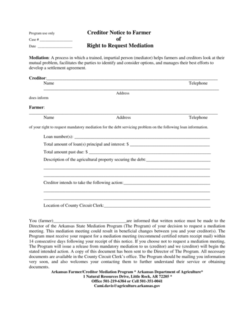 Creditor Notice to Farmer of Right to Request Mediation - Arkansas Download Pdf