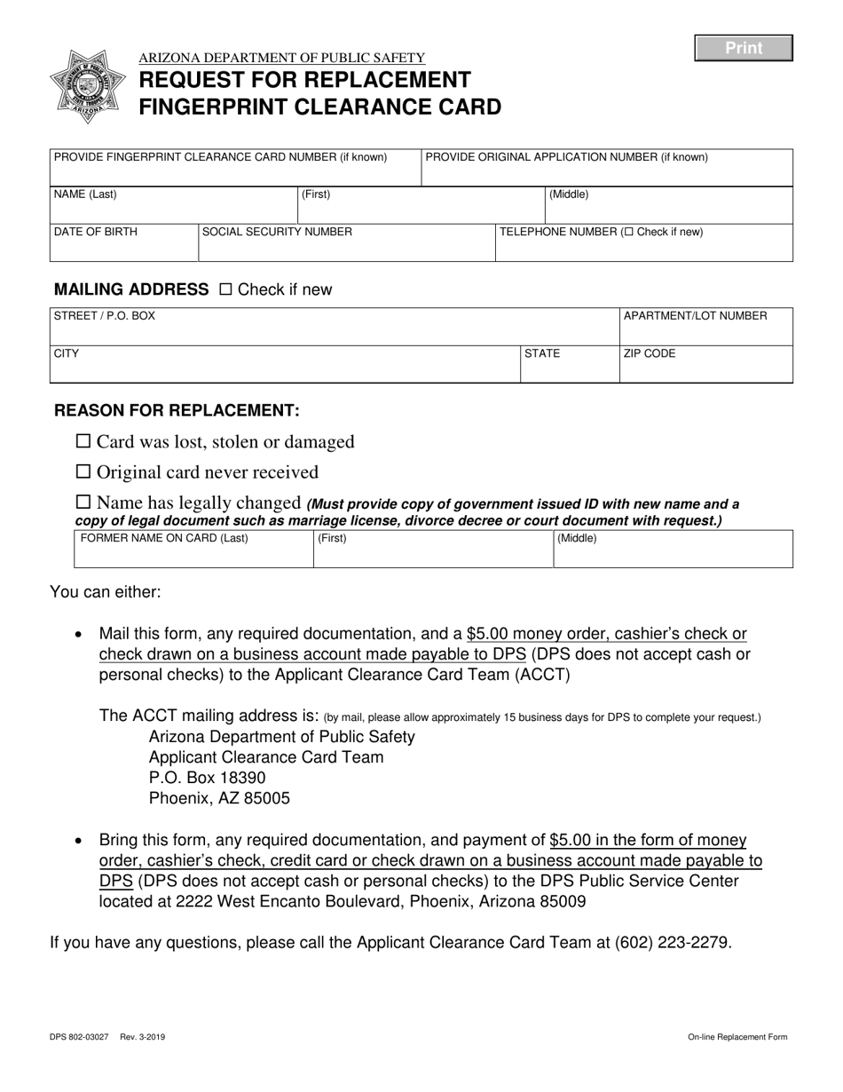 Form DPS802-03027 Request for Replacement Fingerprint Clearance Card - Arizona, Page 1