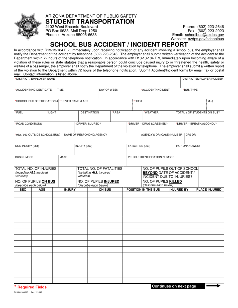 Form DPS802-03213 School Bus Accident / Incident Report - Arizona, Page 1