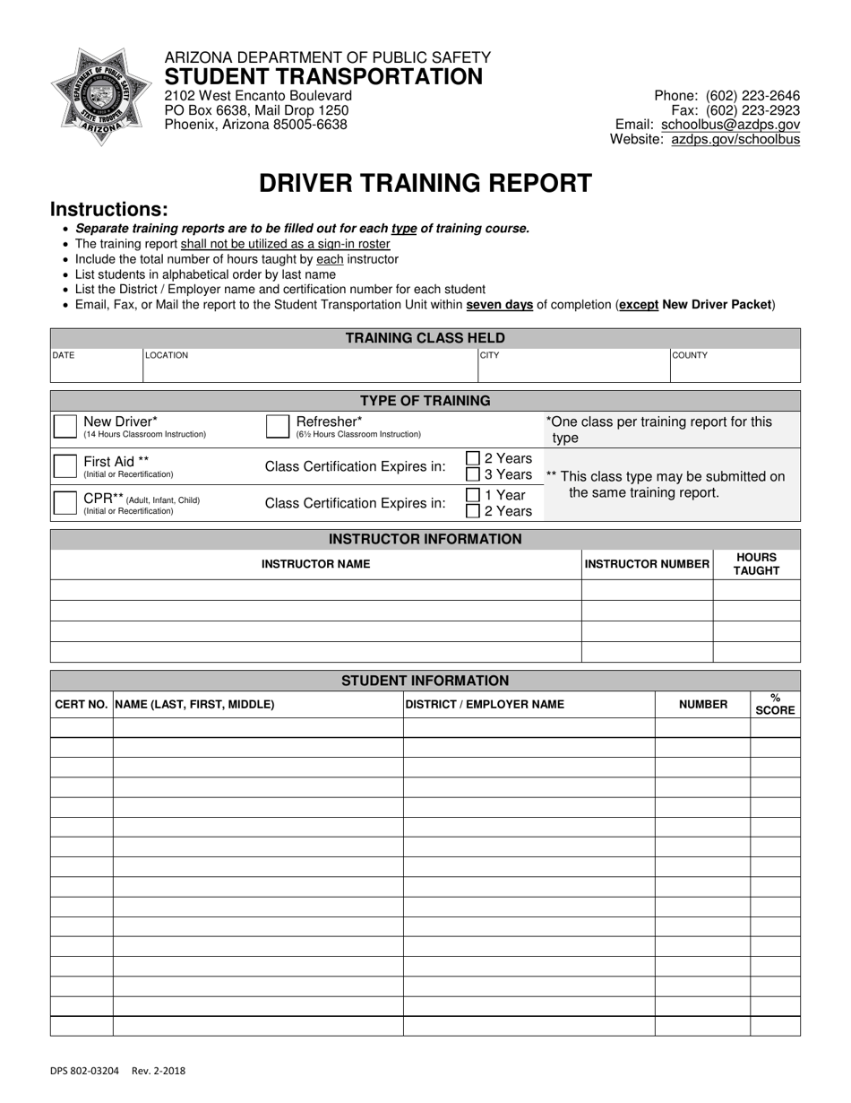 Form DPS802-03204 Driver Training Report - Arizona, Page 1