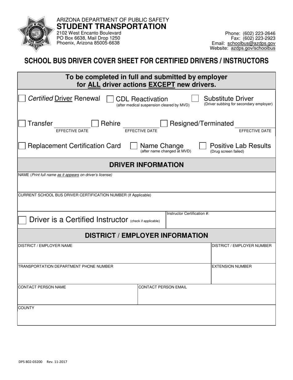 Form DPS802-03200 School Bus Driver Cover Sheet for Certified Drivers / Instructors - Arizona, Page 1