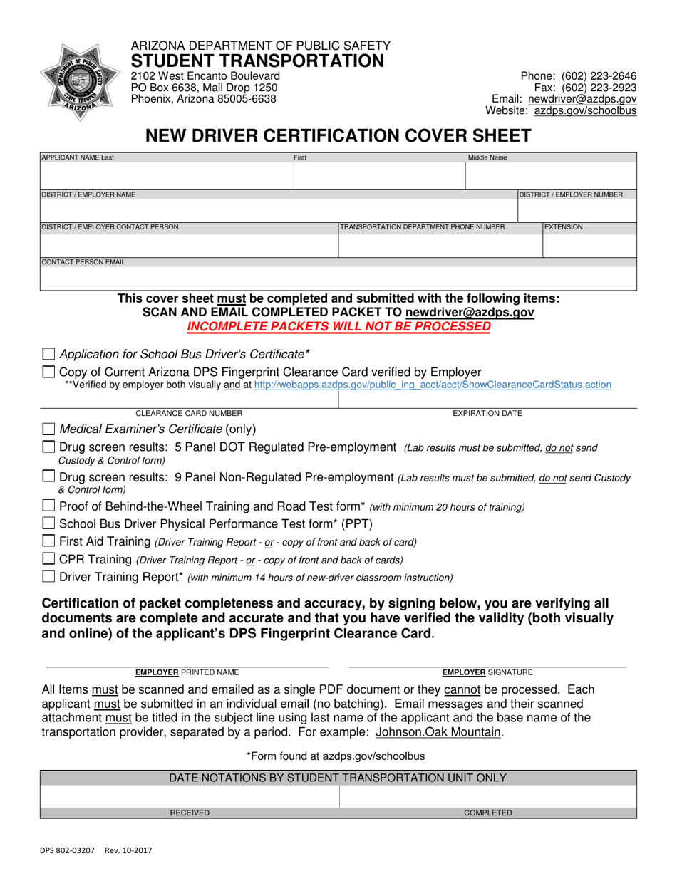 Form DPS802-03207 New Driver Certification Cover Sheet - Arizona, Page 1