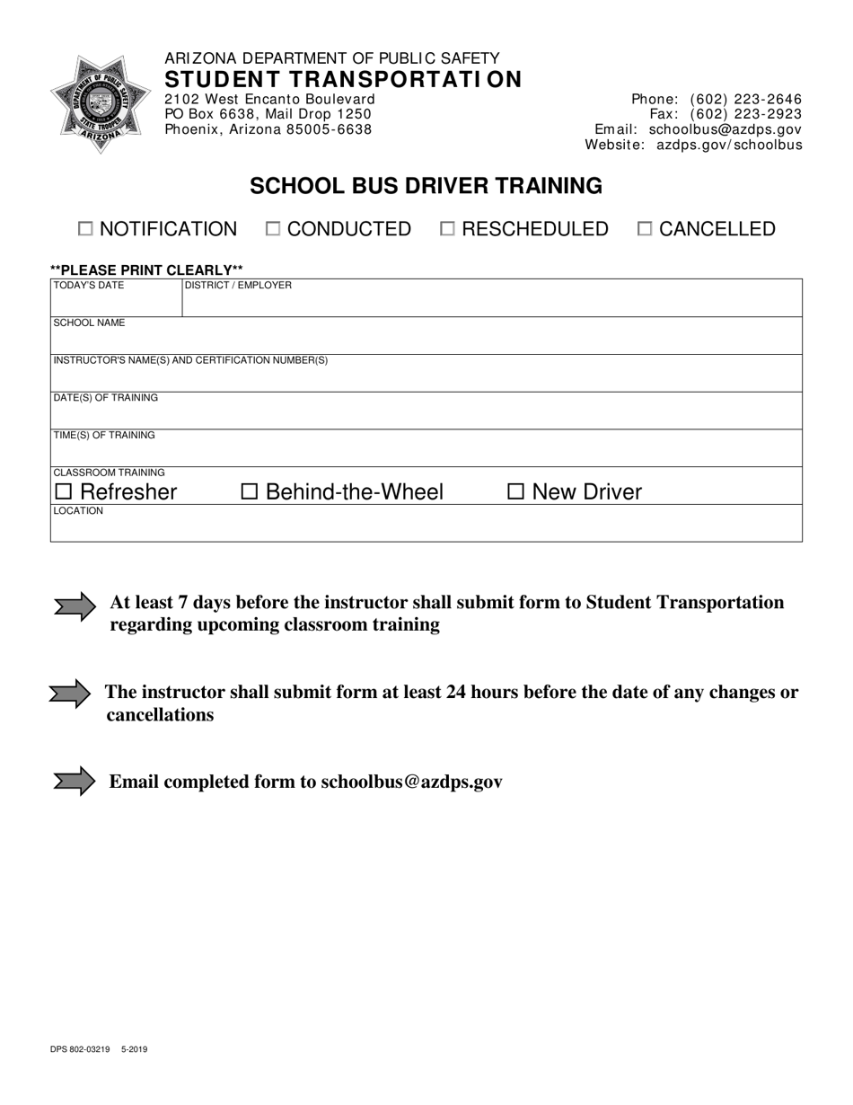 Form DPS802-03219 School Bus Driver Training - Arizona, Page 1