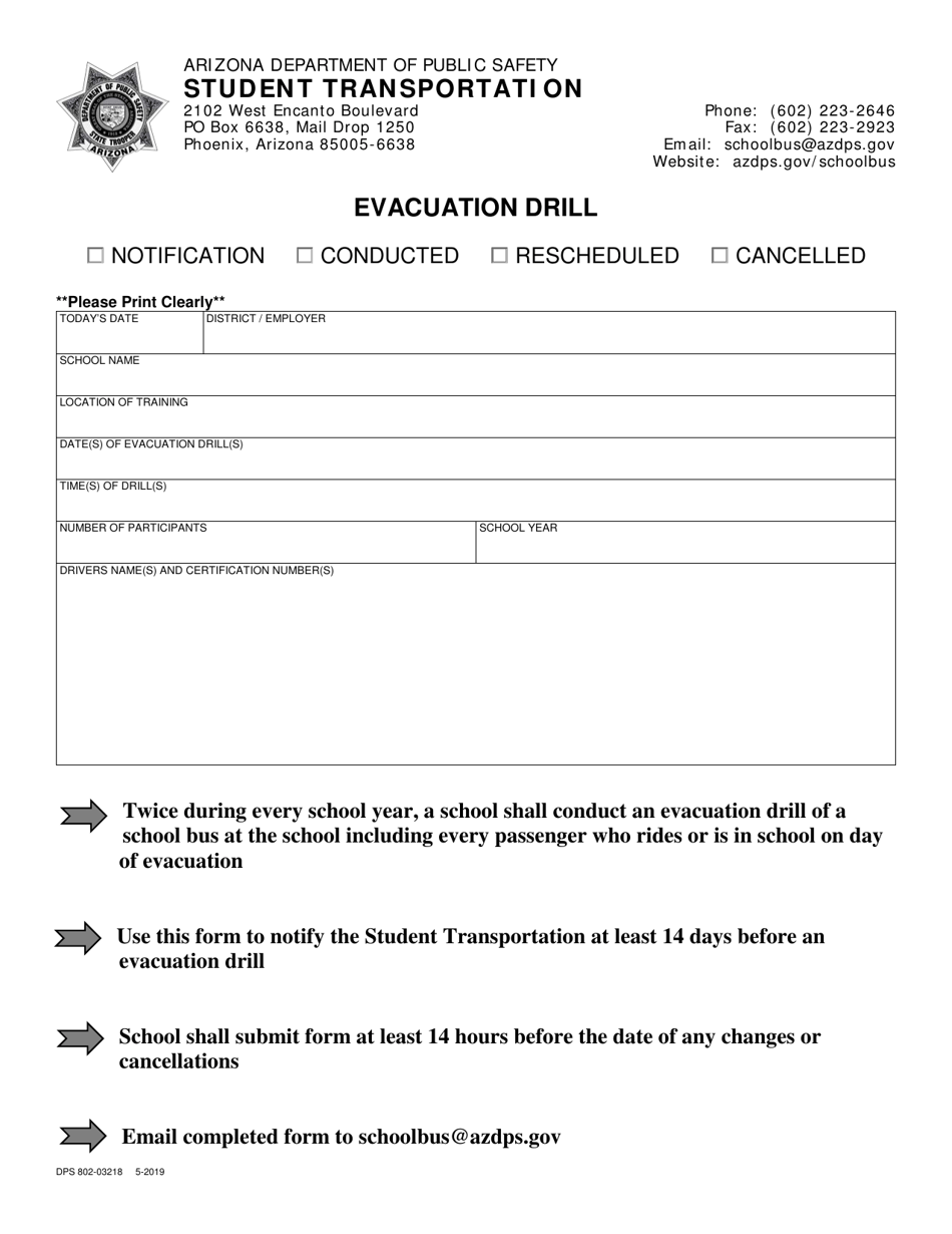 Form DPS802-03218 Evacuation Drill - Arizona, Page 1