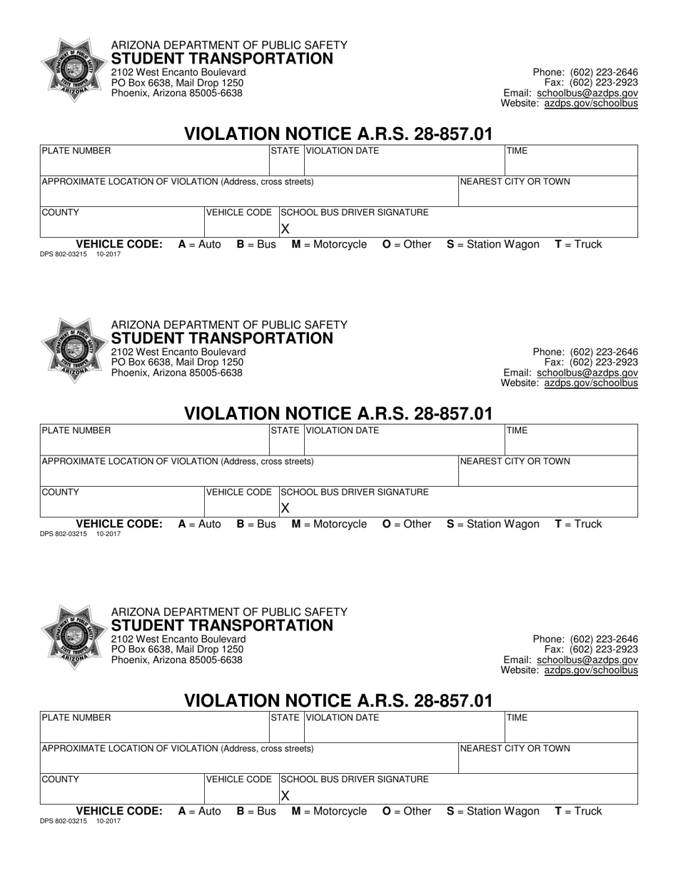 Form DPS802-03215 Violation Notice - Arizona, Page 1