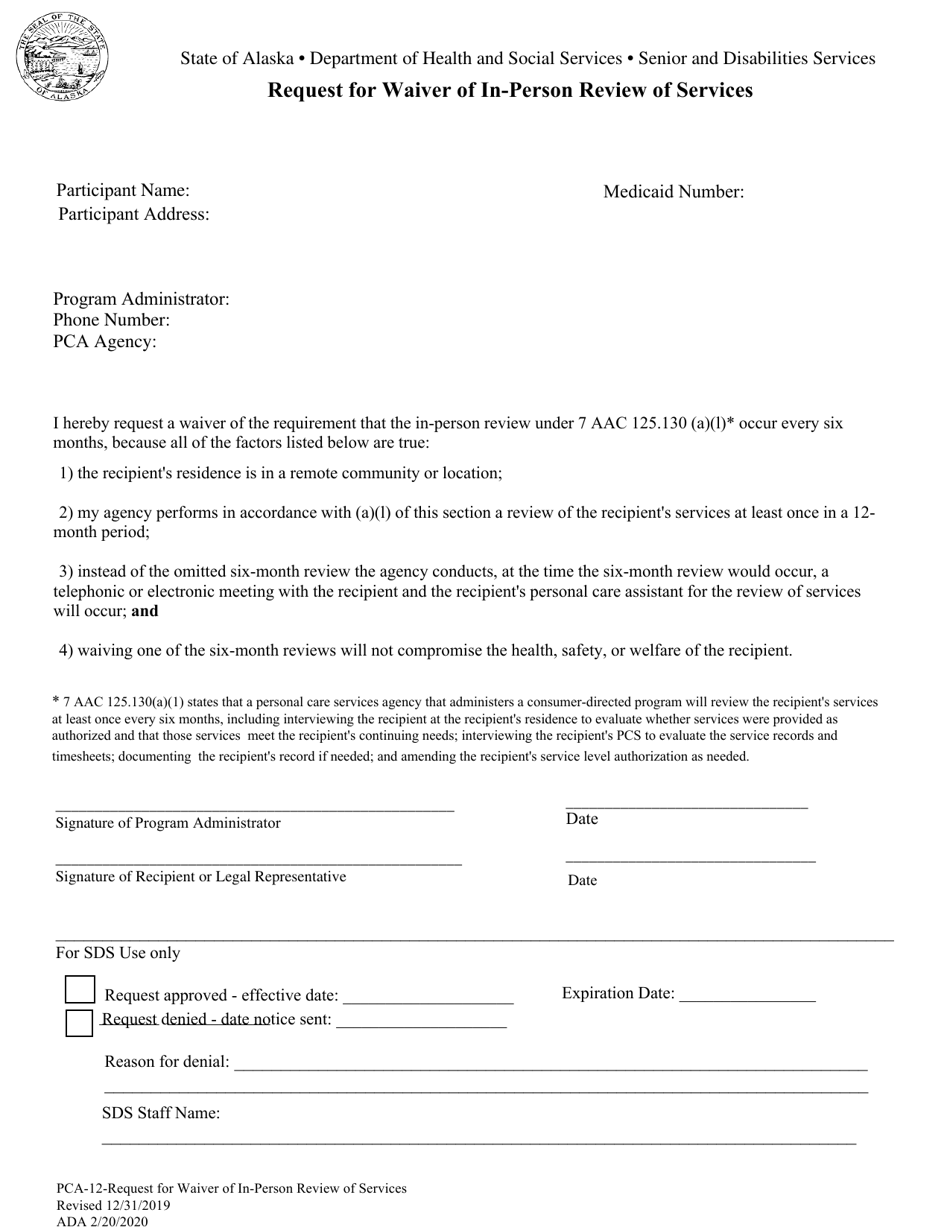 Form PCA-12 Request for Waiver of in-Person Review of Services - Alaska, Page 1