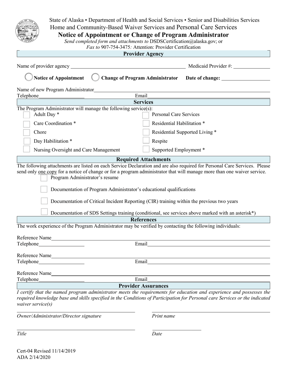Form CERT-04 Notice of Appointment or Change of Program Administrator - Alaska, Page 1