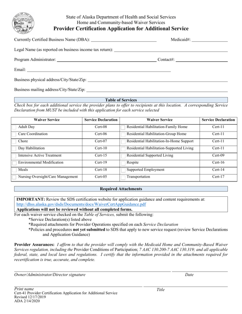 Form CERT-41 Provider Certification Application for Additional Service - Alaska