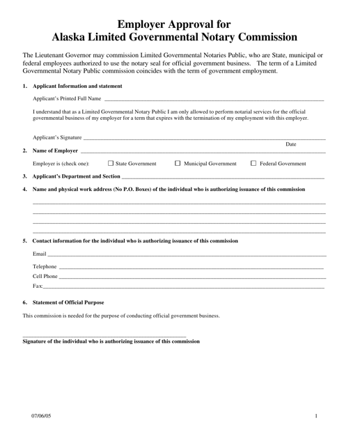 Employer Approval for Alaska Limited Governmental Notary Commission - Alaska Download Pdf