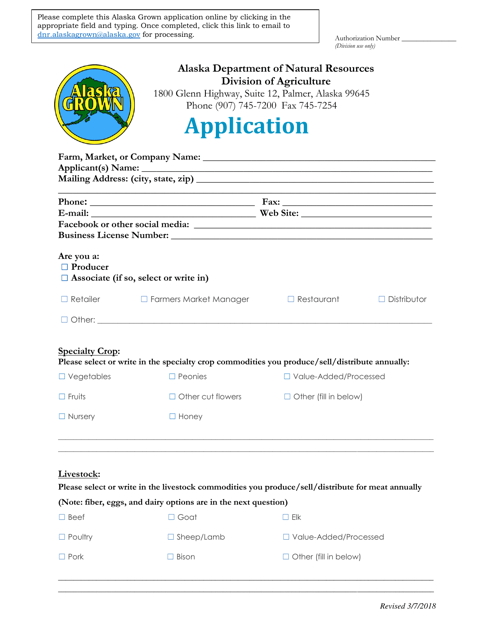 Alaska Grown Certification Program Application - Alaska