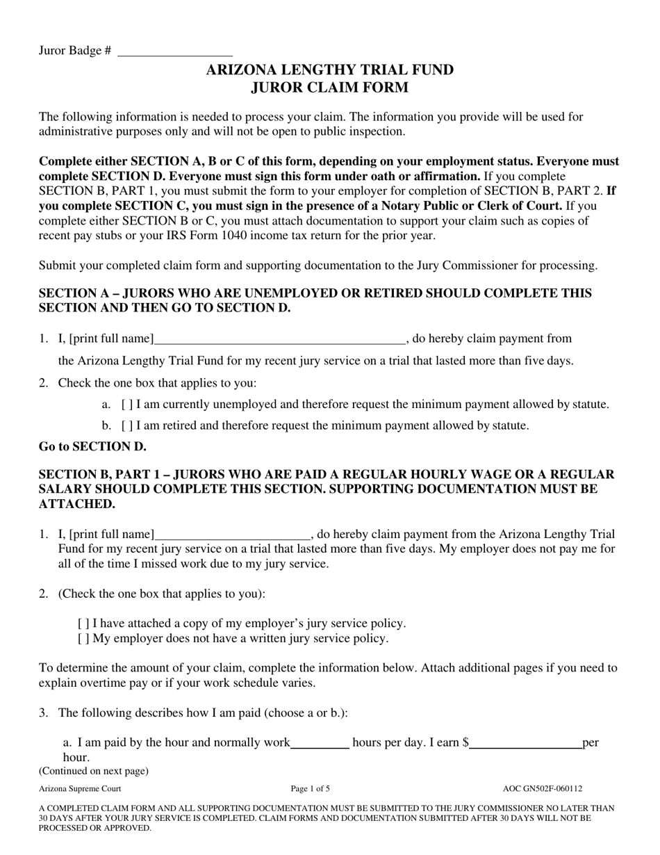 Form AOC GN502F Juror Claim Form - Arizona, Page 1