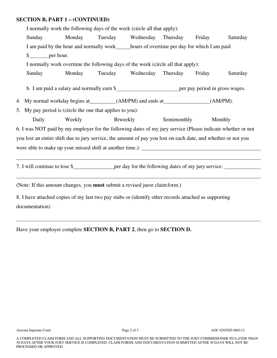 Form AOC GN502F Juror Claim Form - Arizona, Page 2