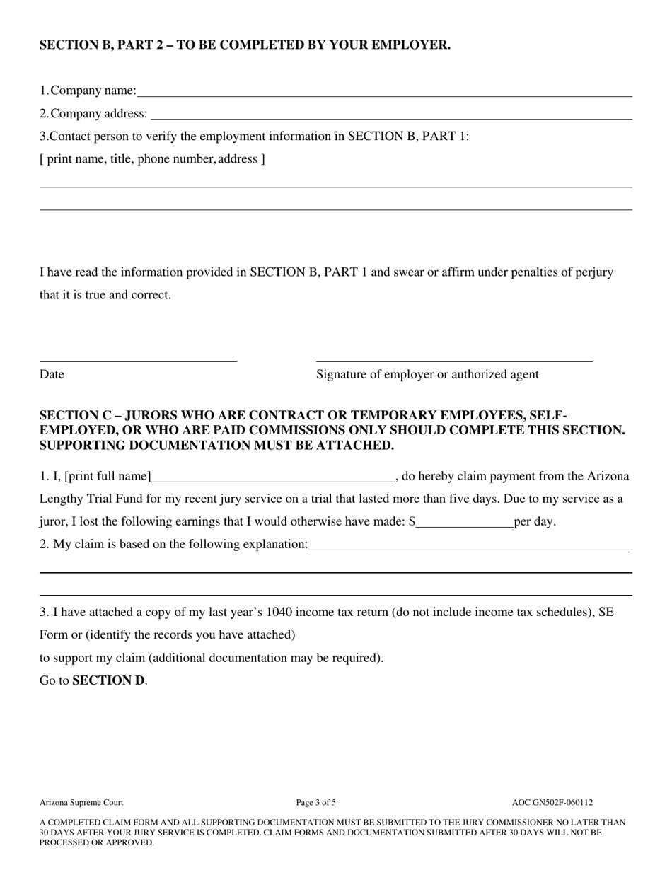 Form AOC GN502F Juror Claim Form - Arizona, Page 3