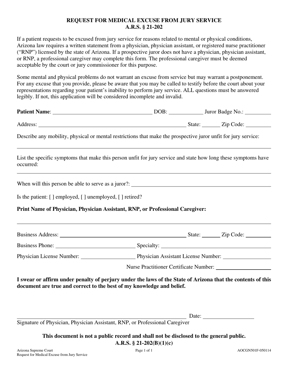 Form AOC GN501F Request for Medical Excuse From Jury Service - Arizona, Page 1