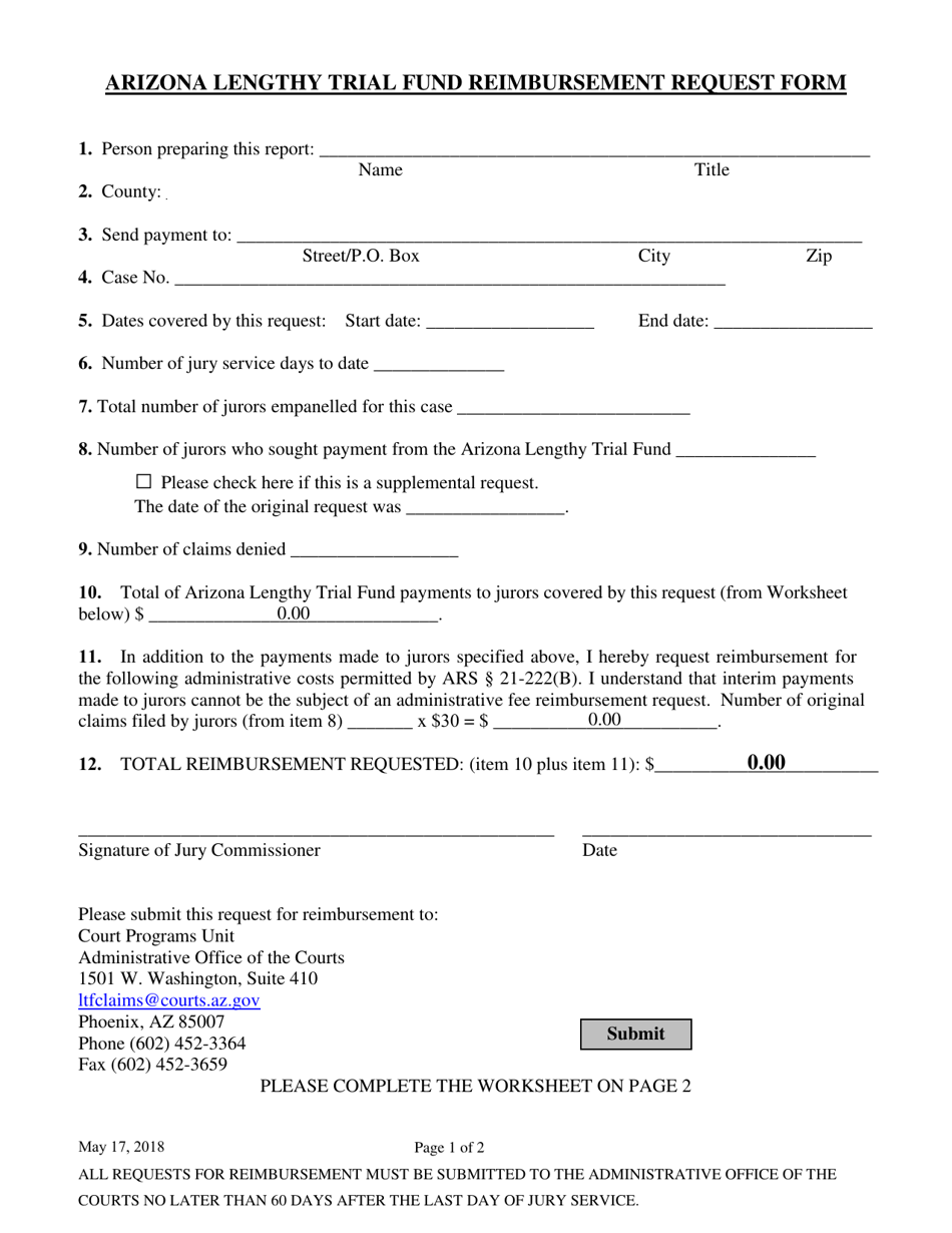 Arizona Lengthy Trial Fund Reimbursement Request Form - Arizona, Page 1