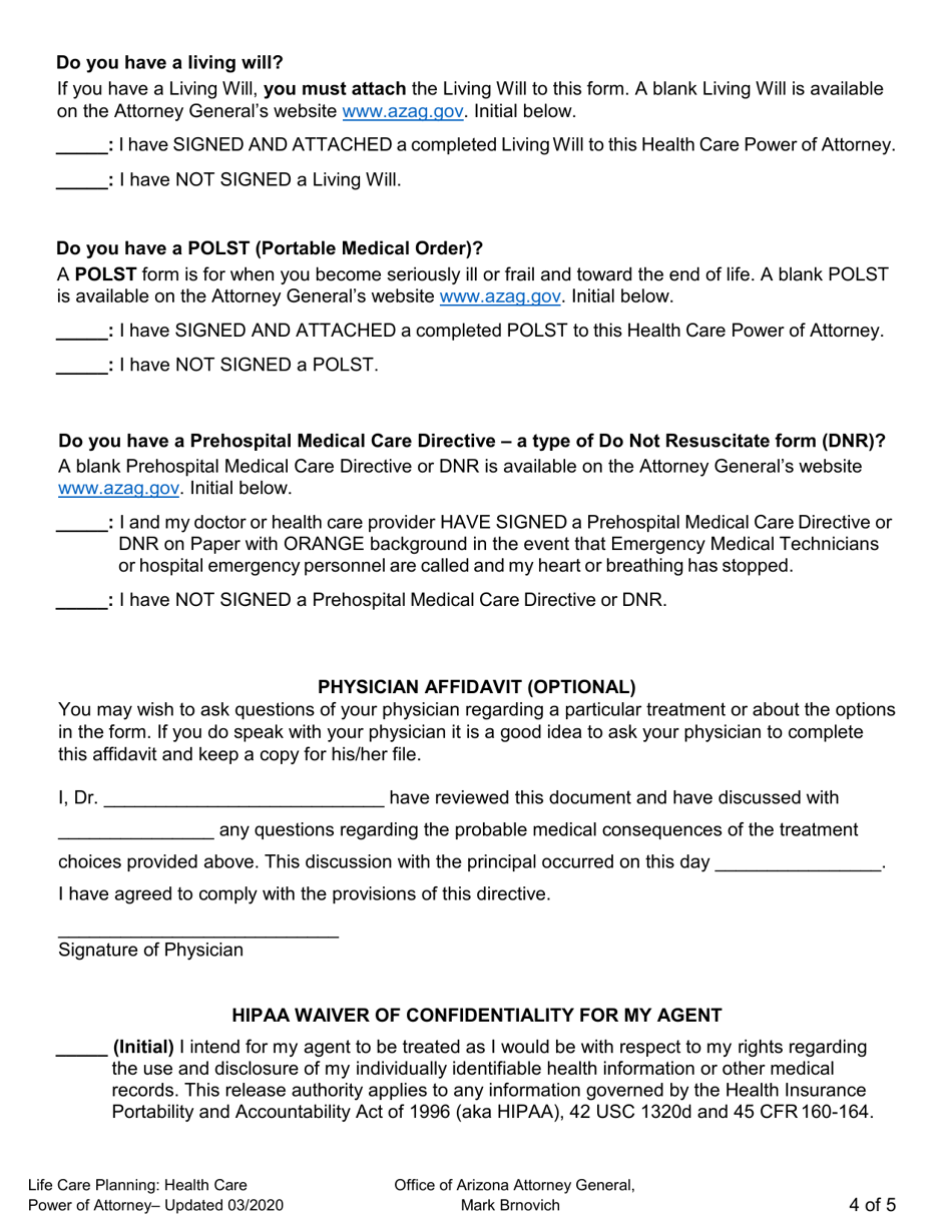 Health Care Power of Attorney - Arizona, Page 4