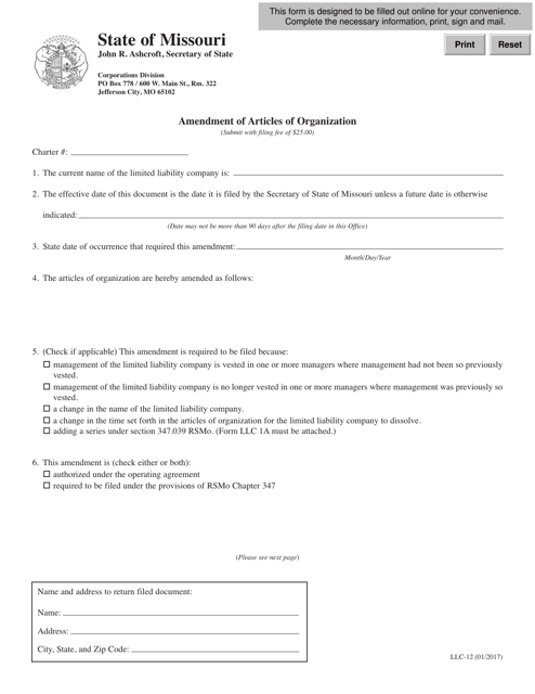 Form LLC-12 Amendment of Articles of Organization - Missouri