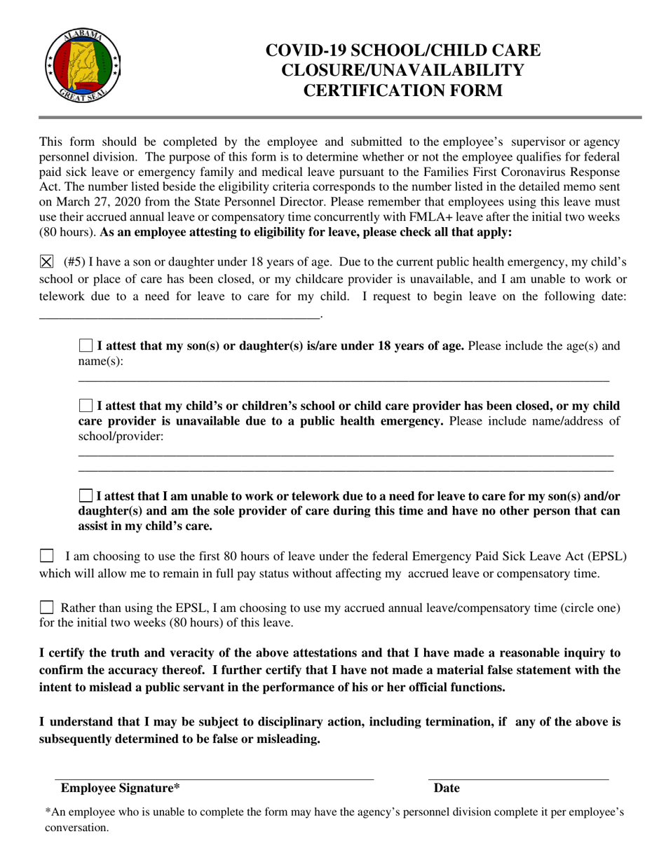 Unavailability Request Form Alabama Covid-19 School/Child Care Closure/Unavailability Certification ...
