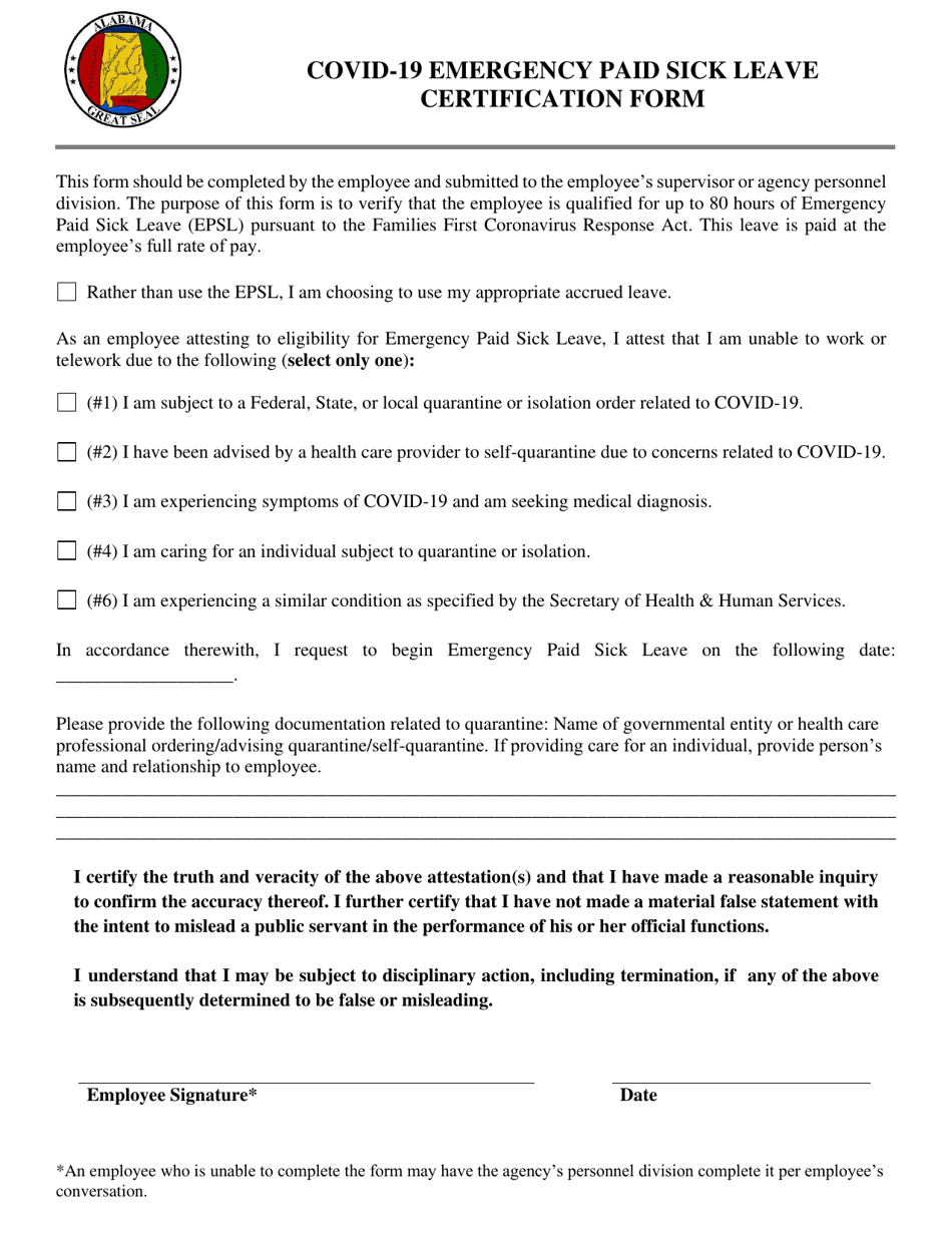 Covid-19 Emergency Paid Sick Leave Certification Form - Alabama, Page 1