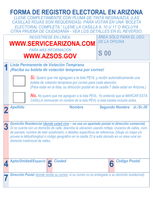 Forma De Registro Electoral En Arizona (Letra Grande) - Arizona (Spanish)