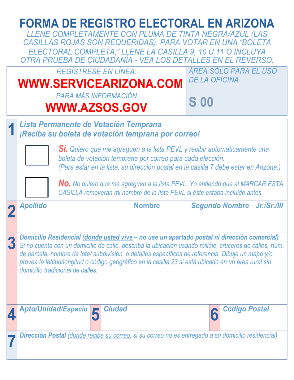 Forma De Registro Electoral En Arizona (Letra Grande) - Arizona (Spanish), Page 1