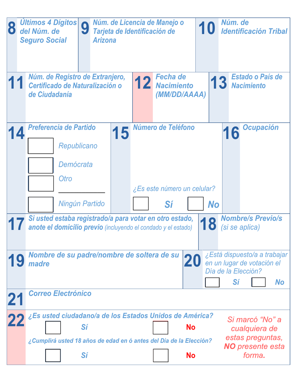 Forma De Registro Electoral En Arizona (Letra Grande) - Arizona (Spanish), Page 2