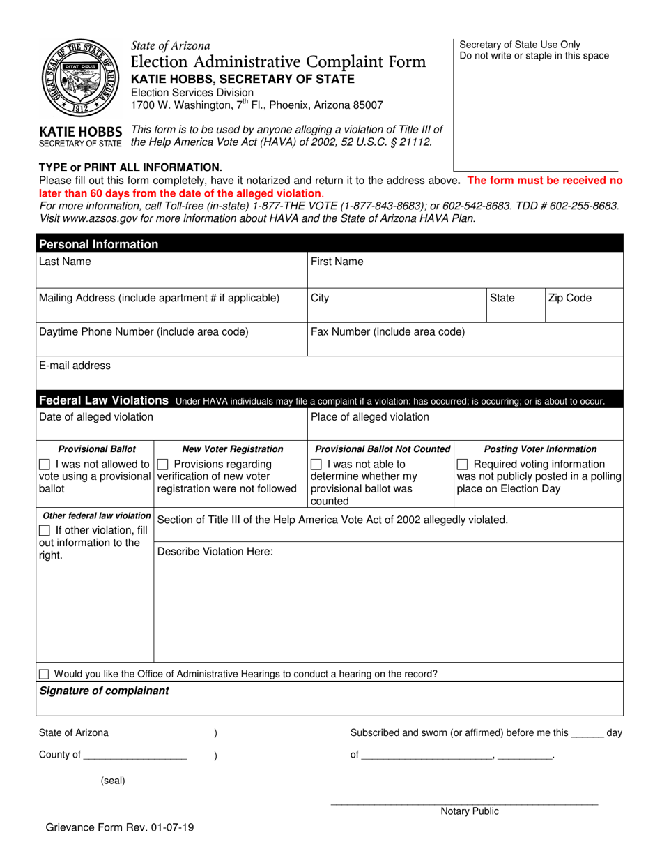 Election Administrative Complaint Form - Arizona, Page 1