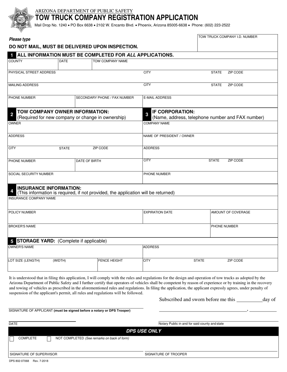 Form DPS802-07068 Tow Truck Company Registration Application - Arizona, Page 1